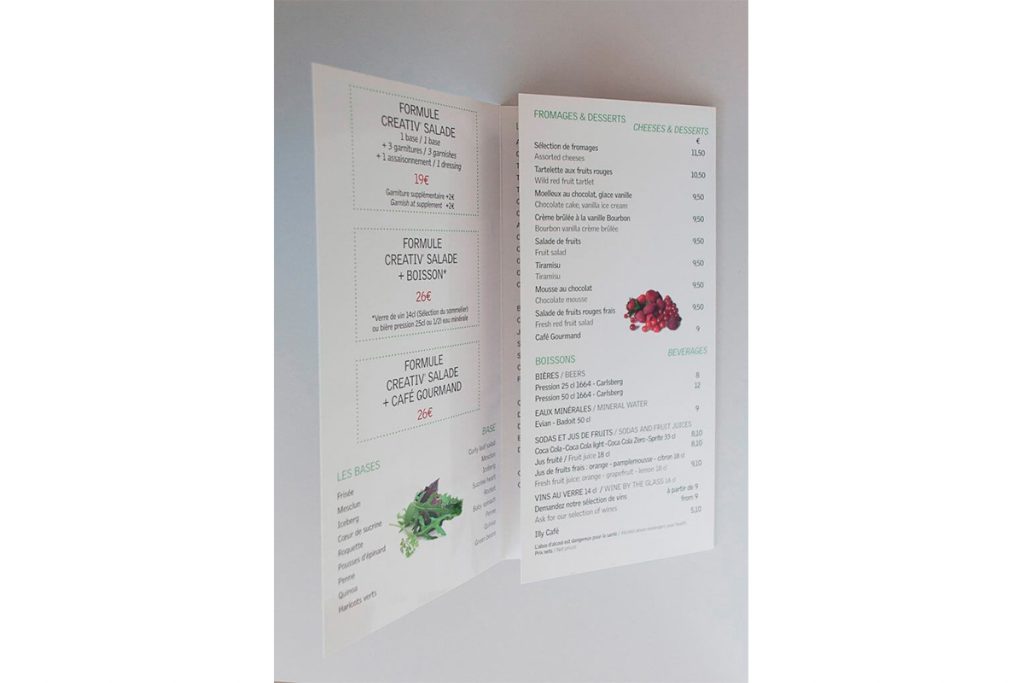 Verso d'un dépliant menu